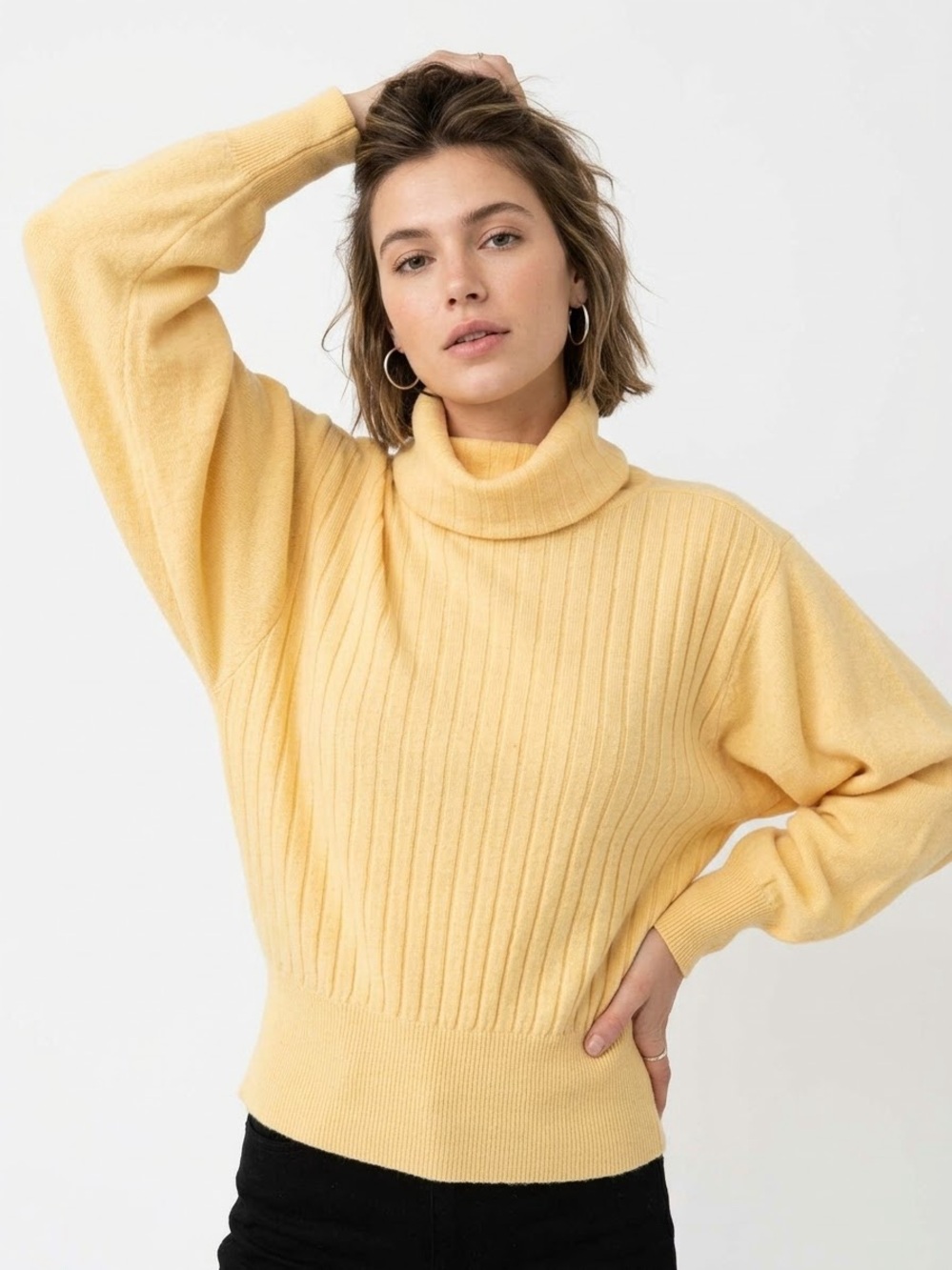 Vintage Wool Angora Mock Neck Ribbed Knit Sweater Dolman Sleeve Butter Yellow